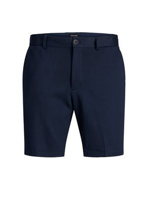 Granatowe szorty wykonane z mieszanki bawełnianej, z zapięciem na guziki, szlufkami na pasek i gładką fakturą bez widocznych wzorów.