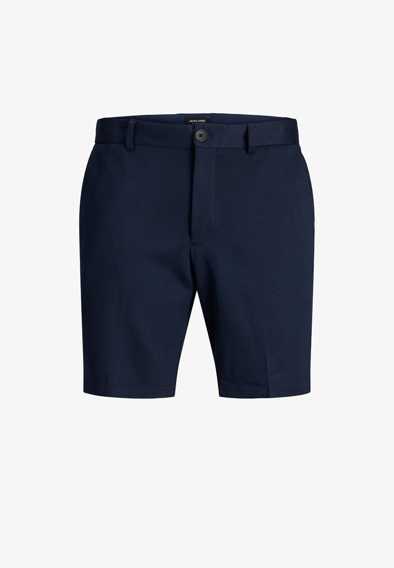 Shorts bleu marine en tissu mélangé de coton, dotés d'une fermeture à bouton, de passants de ceinture et d'une texture lisse sans motifs visibles.