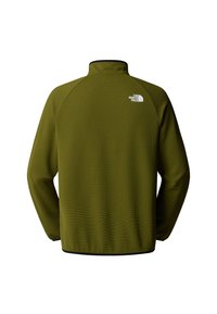 Zielona polarowa kurtka zapinana na zamek z teksturowanym wzorem. Posiada wysoki kołnierz oraz czarne akcenty przy dolnej krawędzi i mankietach. Na plecach znajduje się logo The North Face.