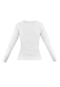 Langärmliges weißes T-Shirt mit passgenauer Gestaltung, rundem Ausschnitt und glatter Textur, das eine Rückenansicht zeigt. Nahtlose Ärmel reichen bis zu den Handgelenken.