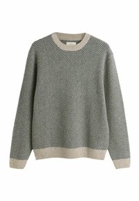 Knitted sweater in herringbone pattern, featuring gray and off-white colors. Crew neck, ribbed hem and cuffs, medium thickness, and soft texture.