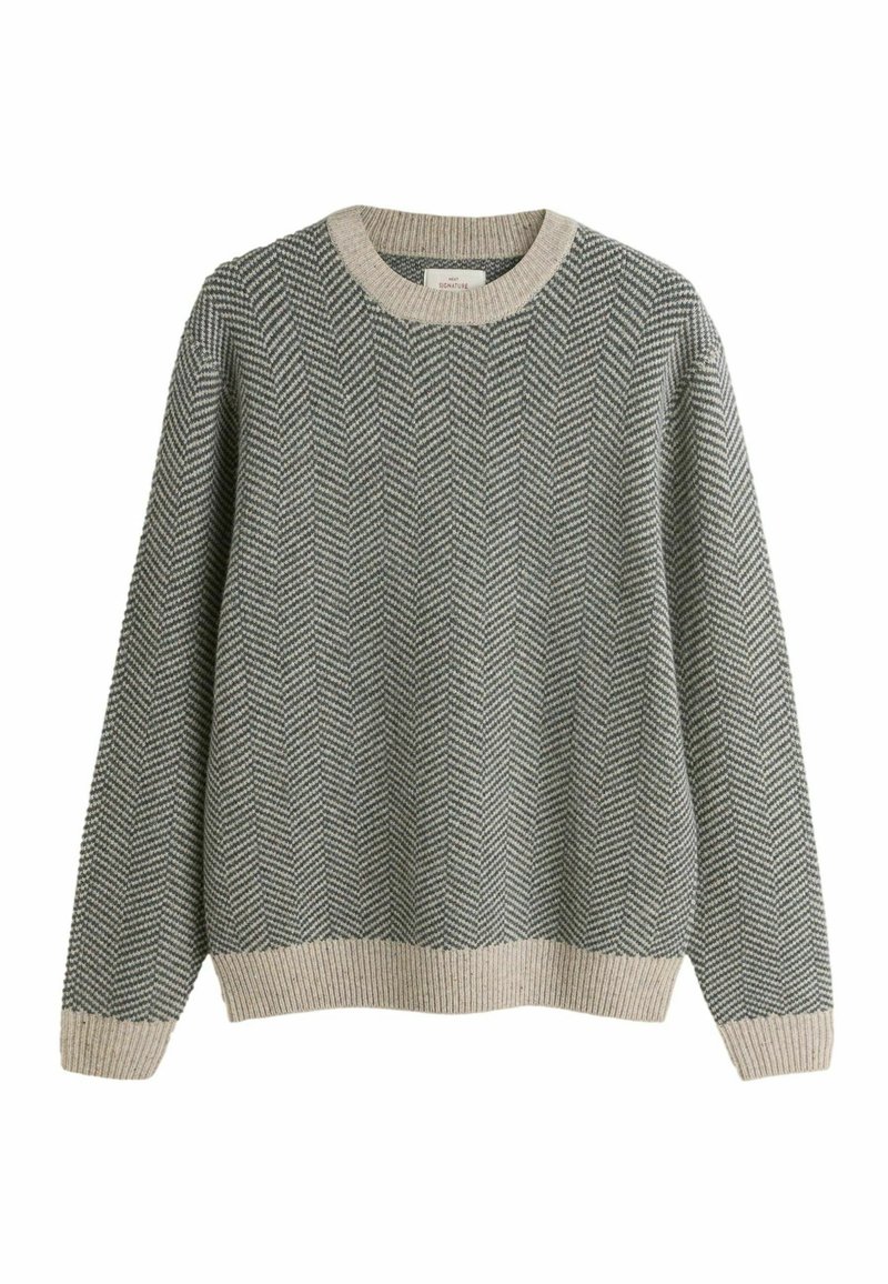 Knitted sweater in herringbone pattern, featuring gray and off-white colors. Crew neck, ribbed hem and cuffs, medium thickness, and soft texture.