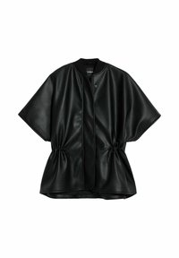 Veste en simili cuir noire avec une coupe décontractée, des manches courtes et des cordons de serrage ajustables à la taille. Dotée d'un col arrondi et d'une fermeture éclair à l'avant.