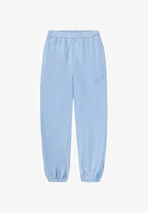 Lyseblå joggingbukser med elastisk talje og manchetter, designet til afslappet brug, vist fladt uden tilbehør eller baggrund.