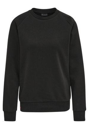 Schwarzer Rundhalsausschnitt Pullover aus weichem Stoff mit langen Raglanärmeln sowie gerippten Bündchen und Saum. Keine Muster oder Akzente sichtbar.