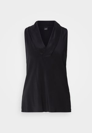 Top nero senza maniche con scollo a V, realizzato in tessuto liscio. Presenta una vestibilità comoda e un design minimalista senza motivi o accenti.