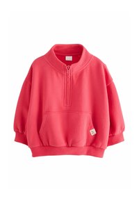 Sweat-shirt corail à col montant, demi-fermeture éclair, grande poche avant et poignets côtelés. Confectionné en tissu doux avec une coupe décontractée.