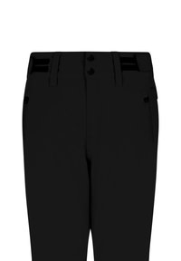 Zwarte broek met een gladde textuur, voorzien van twee voorzakken, een knoopsluiting en een getailleerde pasvorm met riemlussen.