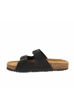 Sandalo nero con punta aperta, due cinturini regolabili, sottopiede in sughero e suola in gomma nera, mostrato di lato su sfondo bianco.