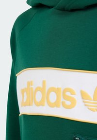 Grön hoodie med ett vitt och gult band med "adidas"-logotypen. Slät textur, framficka med känguru-design och huva.