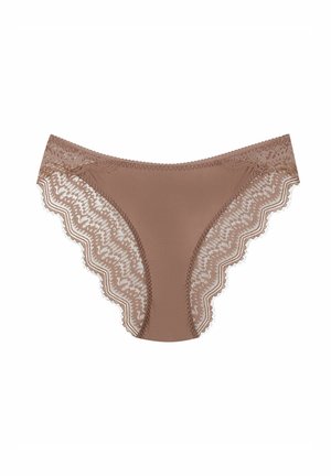 Braune Unterhose mit Spitzenbesatz, aus glattem Stoff, mit gewellten Kanten und aufwendigen Spitzenverzierungen an den Seiten.