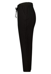 Zwarte, ontspannen pasvorm broek met een elastische tailleband en een trekkoord. Beschikt over zijzakken en een rechte pijpdesign. Glad textuur.