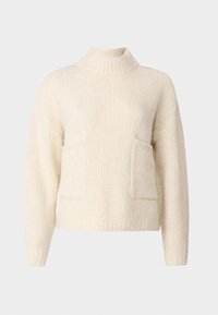 Pull en maille ivoire avec col montant, épaules tombantes et deux poches à l'avant. Texture côtelée et coupe ample pour plus de confort.