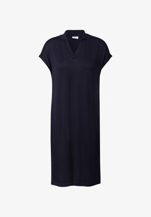Granatowa sukienka z dekoltem w serek i krótkimi rękawami. Wykonana z miękkiego materiału, charakteryzująca się luźnym krojem i prostą sylwetką. Prosty design, brak wzorów.