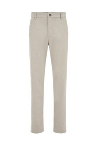 Pantalon beige à jambes droites avec une fermeture à bouton et à glissière, des passants pour ceinture, et une finition lisse et ajustée.