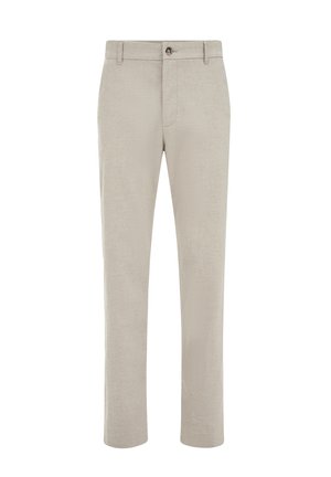 Pantalon beige à jambes droites avec une fermeture à bouton et à glissière, des passants pour ceinture, et une finition lisse et ajustée.