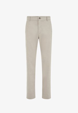 Pantaloni beige a gamba dritta con chiusura a bottone e cerniera, passanti per cintura e una finitura liscia e sartoriale.