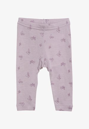 Lila Baumwoll-Leggings mit einer weichen Textur, die ein wiederholtes Muster aus Schmetterlingen und Blättern zeigt. Mit einem elastischen Taillenbund für zusätzlichen Komfort.