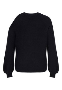 Pull noir à manches longues en maille avec un col rond et des poignets côtelés, présenté de dos sur un fond blanc.