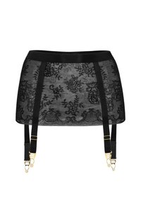 Czarna koronkowa spódnica z halką, zdobiona kwiatowymi wzorami, z satynowym pasem w talii oraz regulowanymi paskami z złotym wykończeniem.