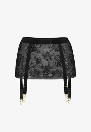 Czarna koronkowa spódnica z halką, zdobiona kwiatowymi wzorami, z satynowym pasem w talii oraz regulowanymi paskami z złotym wykończeniem.
