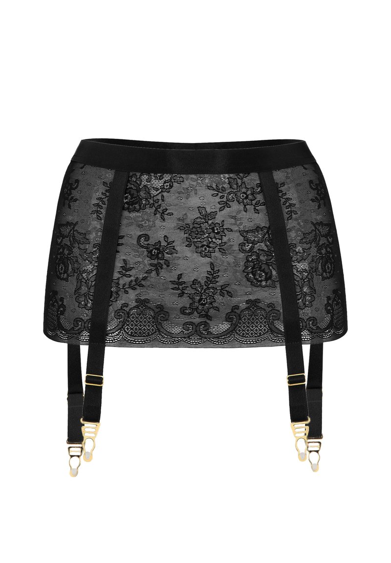 Czarna koronkowa spódnica z halką, zdobiona kwiatowymi wzorami, z satynowym pasem w talii oraz regulowanymi paskami z złotym wykończeniem.