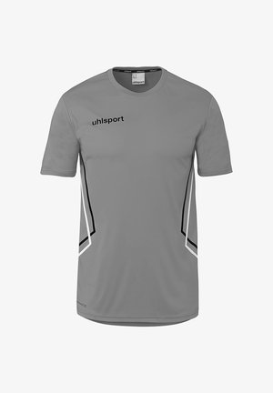 Graues Sportshirt mit kurzen Ärmeln, schwarzen und weißen Seitenstreifen und "uhlsport"-Logo auf der oberen Brust.