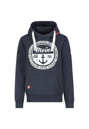 Marineblauer Hoodie mit weißem, rundem Grafikdruck und Anker-Design, ausgestattet mit einer Fronttasche und weißen Kordeln an der Kapuze. Abgerundet wird das Design durch ein rotes Etikett.