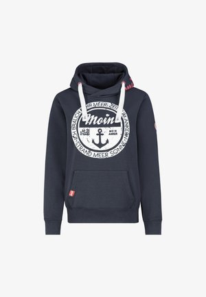 Marineblauer Hoodie mit weißem, rundem Grafikdruck und Anker-Design, ausgestattet mit einer Fronttasche und weißen Kordeln an der Kapuze. Abgerundet wird das Design durch ein rotes Etikett.