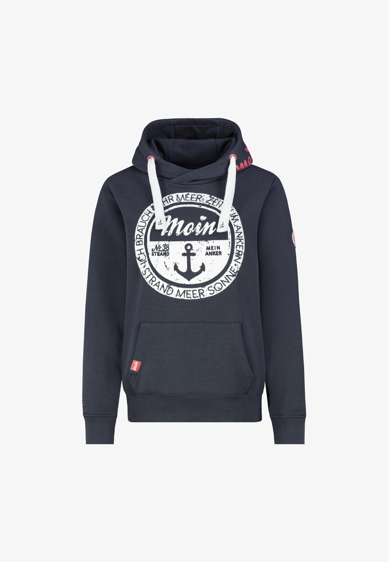 Marineblauer Hoodie mit weißem, rundem Grafikdruck und Anker-Design, ausgestattet mit einer Fronttasche und weißen Kordeln an der Kapuze. Abgerundet wird das Design durch ein rotes Etikett.