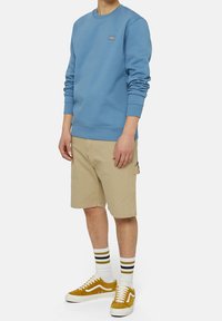 Ljusblå sweatshirt med ribbad mudd och nederkant, beige shorts med sidoficka, vita strumpor med gula och svarta ränder, gula sneakers.