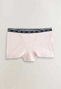 Pink and white striped boxer briefs with a black elastic waistband featuring the brand name "NEXT" in white. Soft fabric texture.