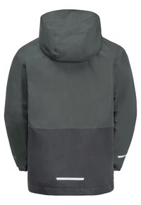 Veste à capuche en gris foncé et noir, avec une texture lisse, des poignets élastiques et des accents réfléchissants en bas et sur les manches.