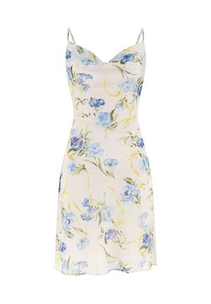 Vestido de tirantes blancos con flores azules y moradas, tirantes finos tipo espagueti y un escote ligero en forma de drapeado.