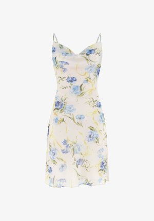 Vestido de tirantes blancos con flores azules y moradas, tirantes finos tipo espagueti y un escote ligero en forma de drapeado.