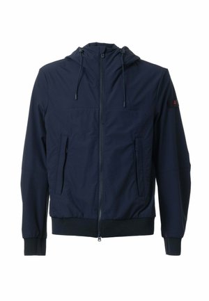 Giacca con cappuccio blu navy con cerniera frontale, due tasche con zip, polsini e orlo a coste e coulisse regolabili sul cappuccio.