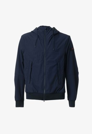 Marineblå hættetrøje med foran lynlås, to lynlåslommer, ribbede manchetter og kant samt justerbare snore i hætten.