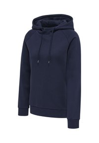 Granatowa bluza z kapturem i długimi rękawami, ze sznurkami z przodu i ściągaczami na mankietach, prezentowana na białym tle.