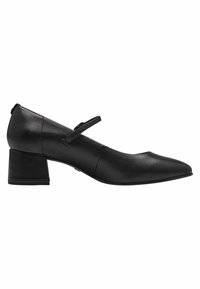 Black leather high-heeled shoe with a pointed toe, block heel, and an adjustable strap across the vamp. Smooth texture with minimal detailing.