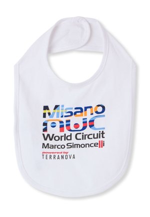 Bavaglino bianco per neonato con testo colorato "Misano World Circuit Marco Simoncelli" e "powered by TERRANOVA" sul davanti.
