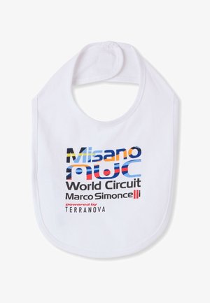 Bavaglino bianco per neonato con testo colorato "Misano World Circuit Marco Simoncelli" e "powered by TERRANOVA" sul davanti.
