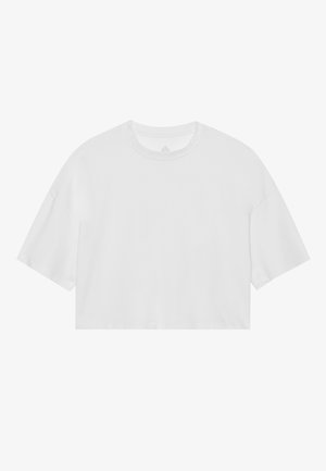 Λευκό κοντό μπλουζάκι από μαλακό βαμβάκι, με στρογγυλή λαιμόκοψη και κοντά μανίκια. Απλός σχεδιασμός χωρίς σχέδια ή διακοσμητικά.