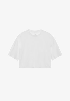 Weißes, verkürztes T-Shirt aus weicher Baumwolle, mit rundem Halsausschnitt und kurzen Ärmeln. Einfaches Design ohne Muster oder Akzente.