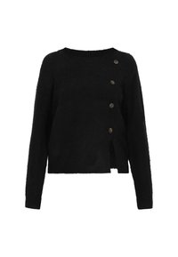Sort, fluffy sweater med lange ærmer, rund halsudskæring og tre knapper på venstre side. Har en sideslids og ribbet kant.