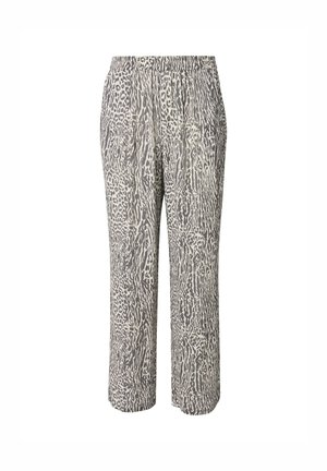 Grijs en crème geklede cropped broeken met luipaardprint, voorzien van een elastische tailleband en een relaxte pasvorm, gemaakt van een zachte, gestructureerde stof.