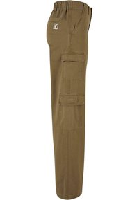 Cargo bukser i khaki bomuld med elastisk talje, der har flere sidelommer til nytte og et lige ben design.