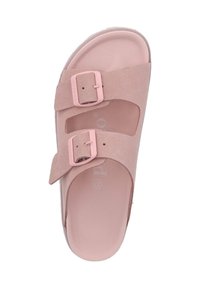 Pink suede sandal featuring two adjustable straps with matching metal buckles. Lightweight design with a contoured footbed. Smooth interior.