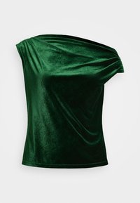 Žalias aksominis vieno peties viršus su sukrautu detaliu ir lygiu paviršiumi. Pasižymi prigludusia siluetu ir hemline, pasiekiantis klubų lygį.