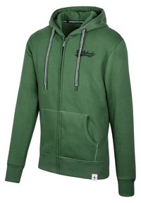 Grüne Zip-Hoodie aus weichem Stoff, mit einer Fronttasche, schwarzem Logo auf der Brust und gemusterten Kordeln. Rippbündchen an den Ärmeln und am Saum.