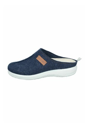 Navy felt clogs with a light white sole, featuring a tan leather label on the side, slip-on design, and a smooth interior.